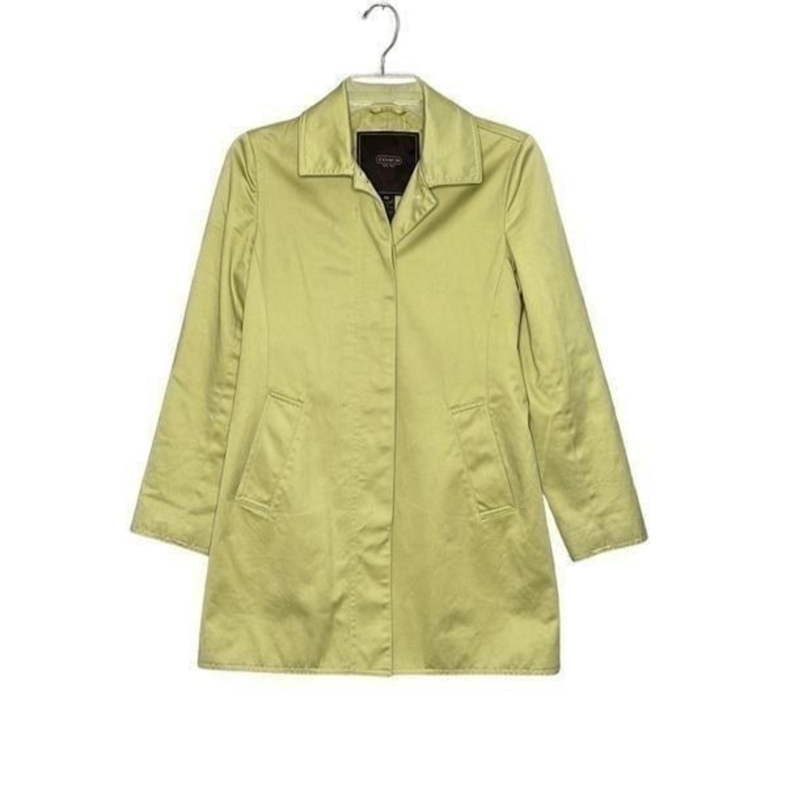 Coach Womens Green Yellow Collared Pocket Long Sleeve Lined Rain Coat Size XS