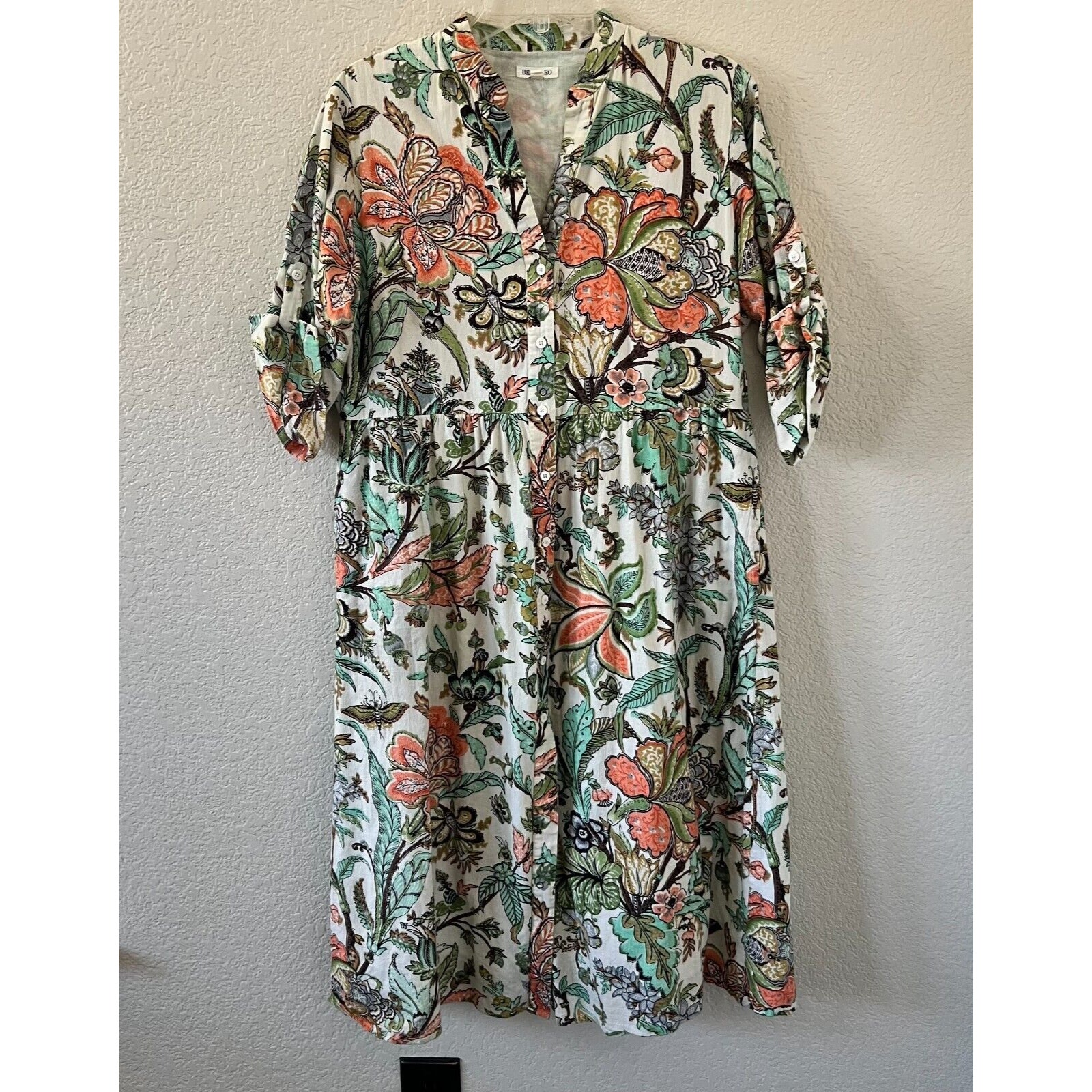 Beau & Ro Womens Floral Garden Party Roll Tab Boho Shirt Dress XL