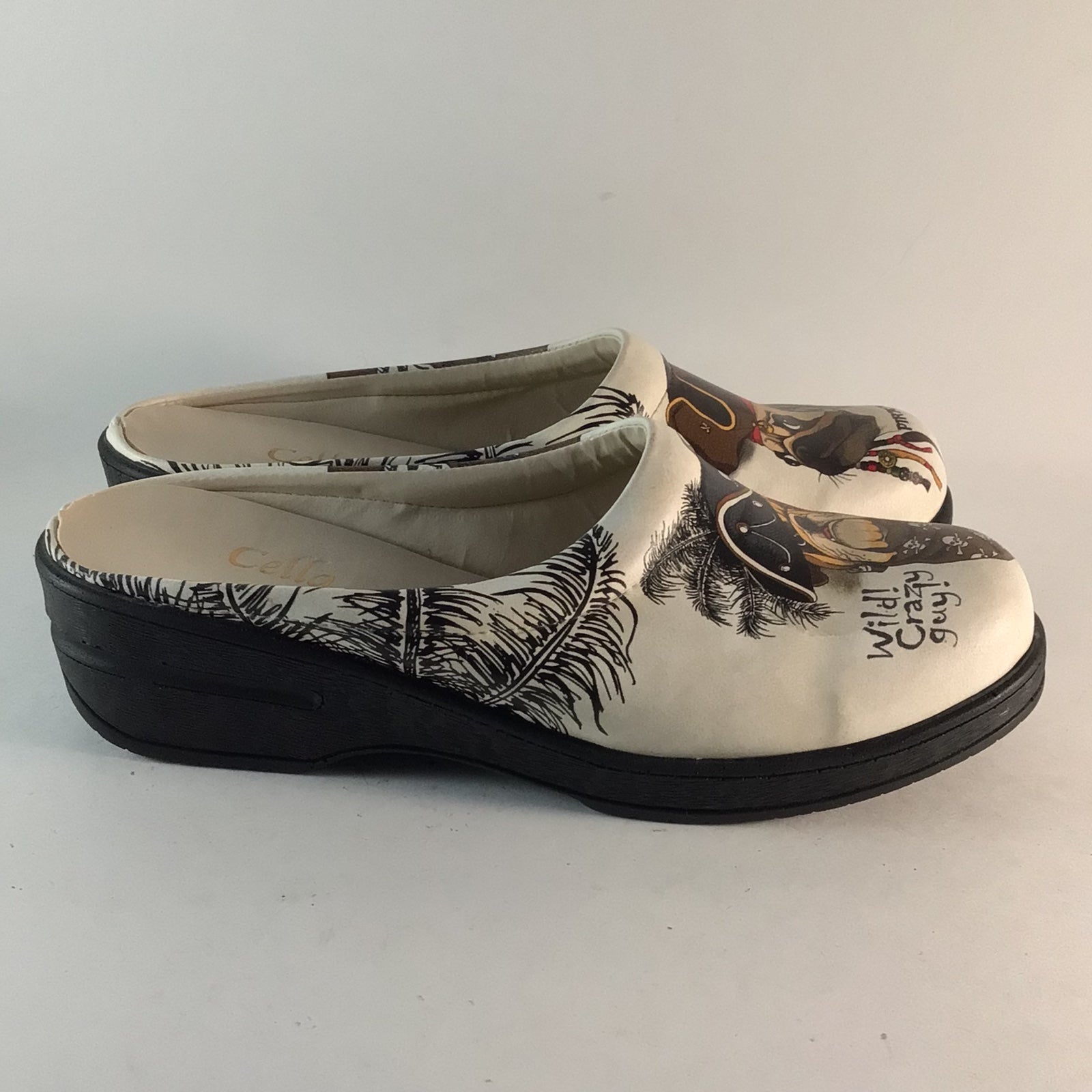Cella pirate theme slip on clogs shoes white black size EU 41 US 10