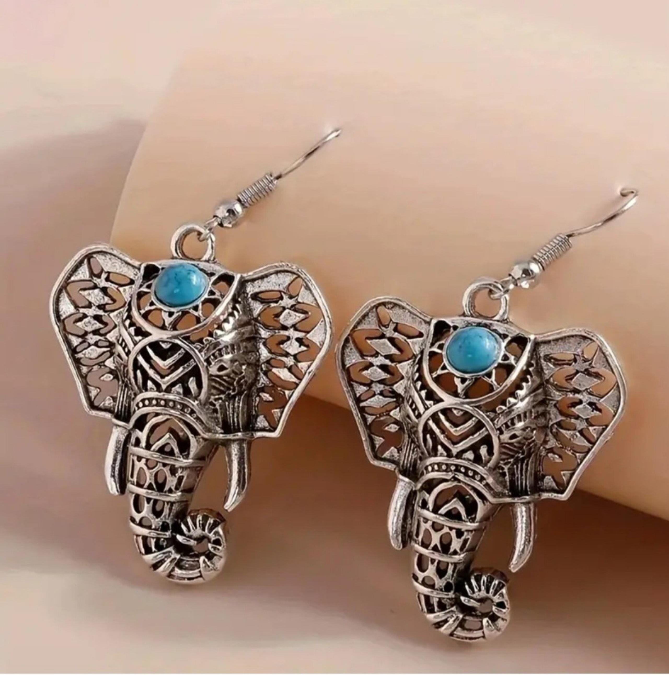 WORLD MARKET FILIGREE / SIMULATED TURQUOISE  ELEPHANT HEAD EARRINGS