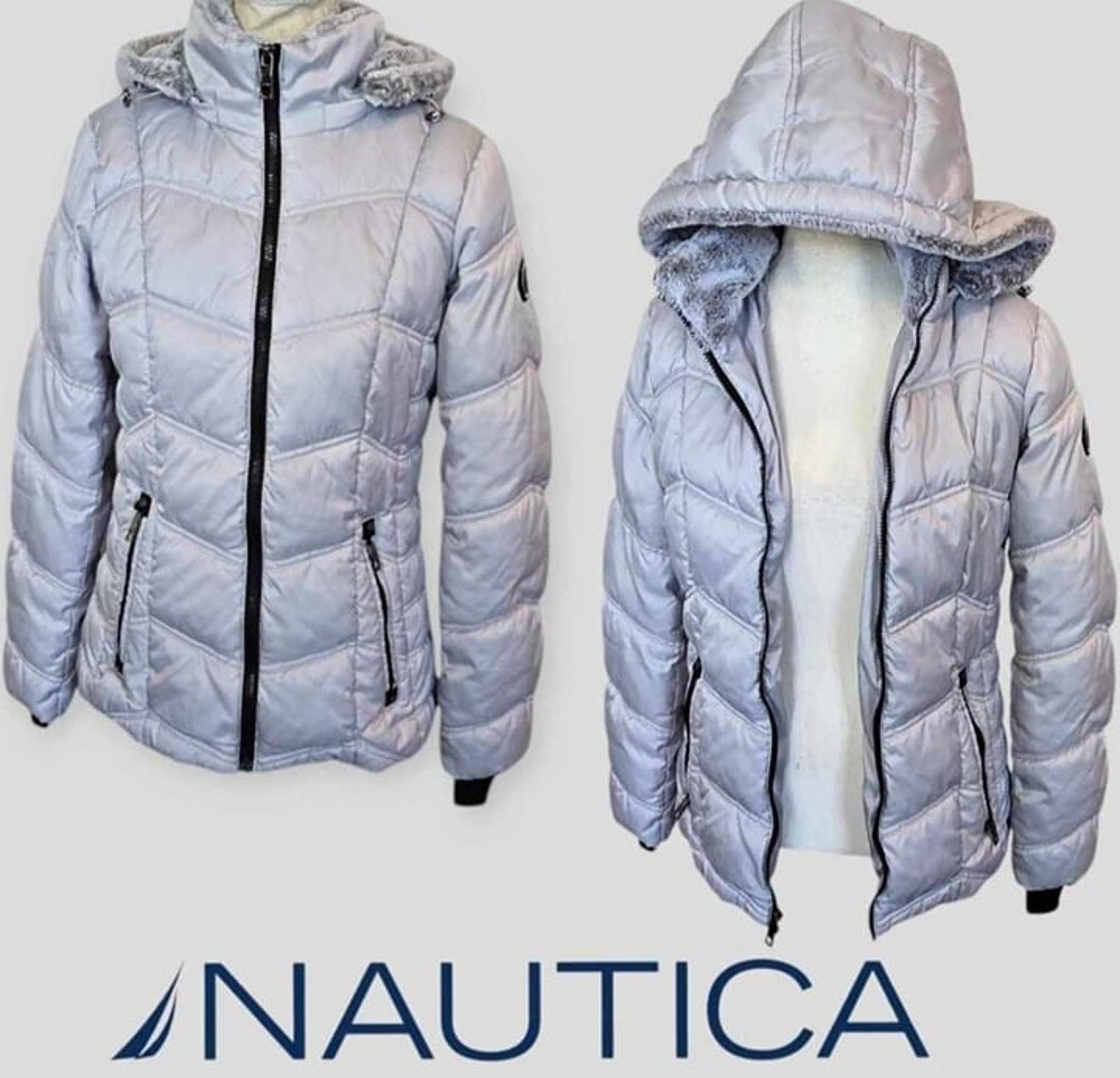 Nautica Women's Silver Gray Faux Fur Trim Puffer Hooded Snow WinterJacket Small