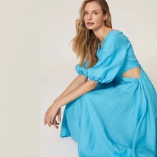 Nicholas Blue Karen Linen Cutout Puff Sleeves Dress