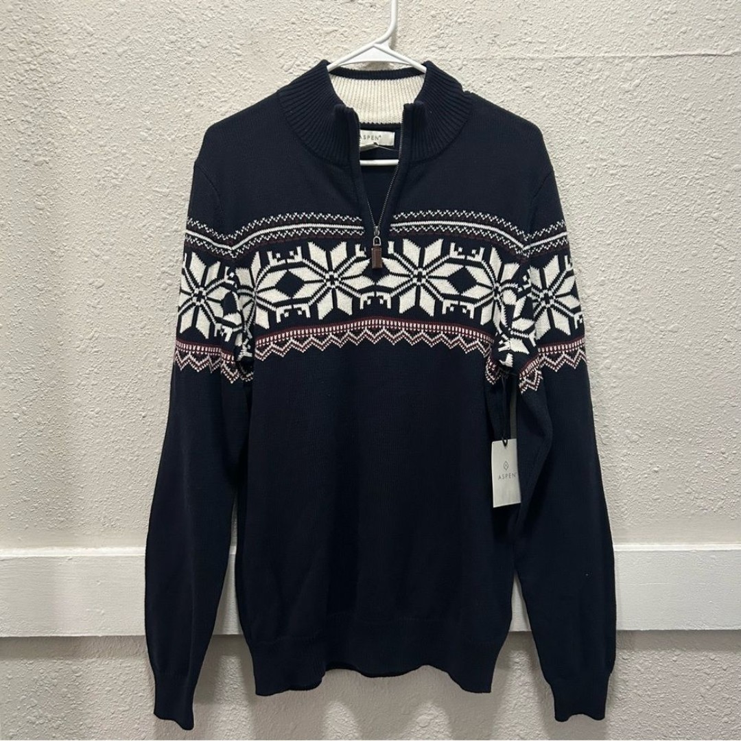 Aspen Navy Knit Quarter Zip Snowflake Pullover NWT Medium