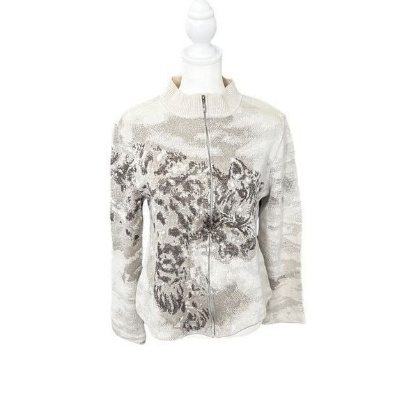 ST JOHN Cheetah Print Wool Blend Zip Up Cardigan Sweater Jacket