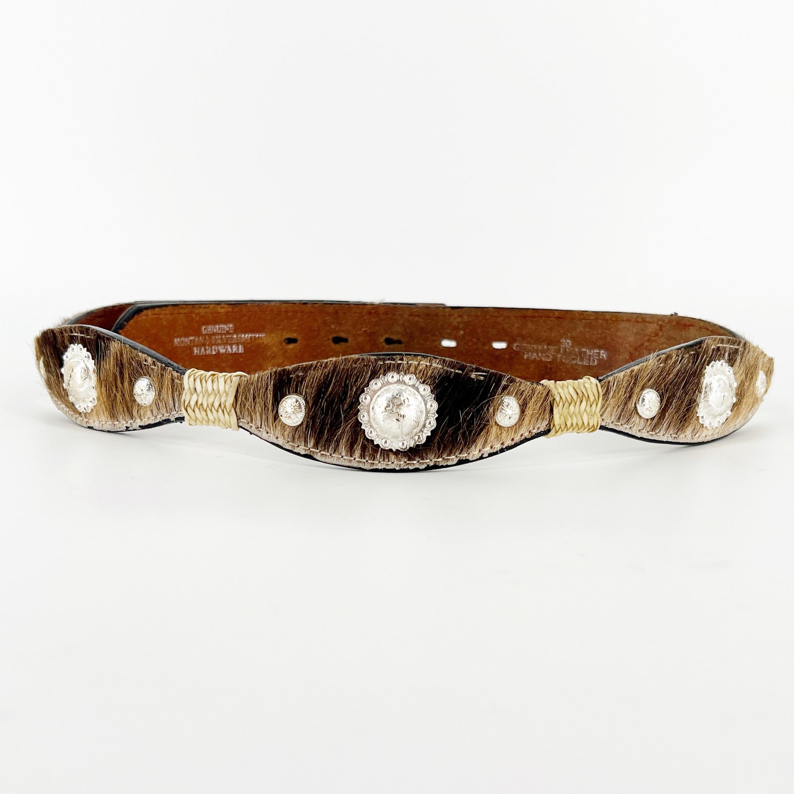 Montana Silversmiths scalloped hair on cow hide western concho belt MSL70 30