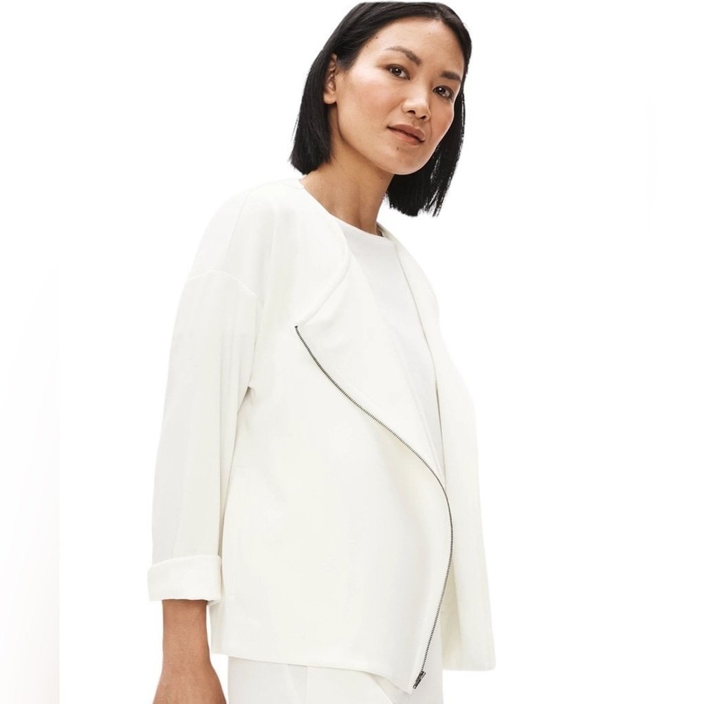 Eileen Fisher sz Medium Ivory White Flex Tencel Ponte Round Neck Jacket