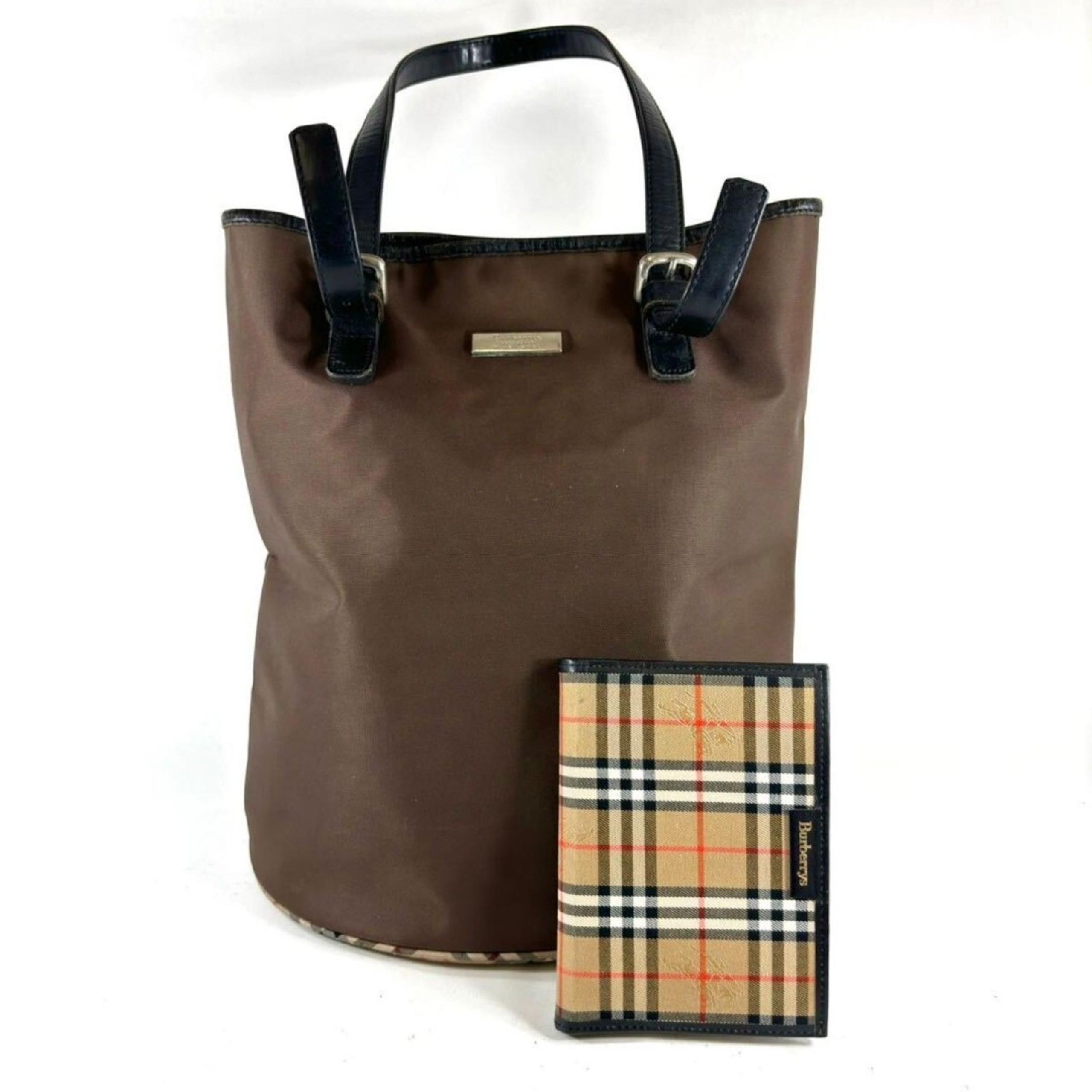 Burberry (Authentic) House Check Brown Nylon Bucket Bag w/ NEW Day Planner, VGUC