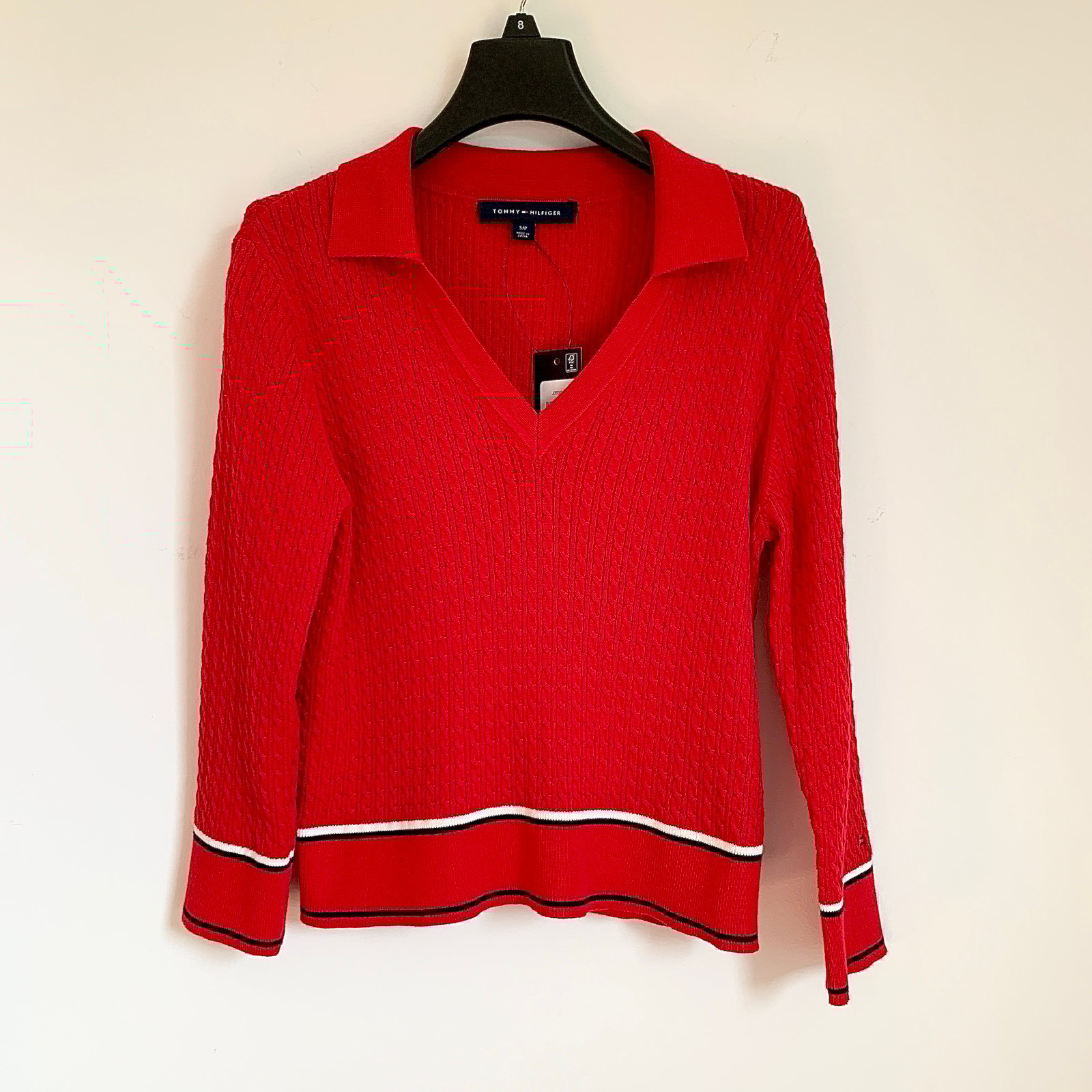 Sale! 70 Tommy Hilfiger Women's Classic Red Johnny Collar Cable Sweater Size S