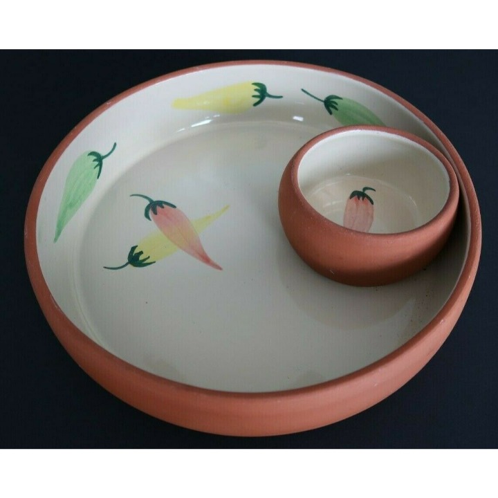 Vtg Southwestern painted red clay chili pepper themed chip & dip serving bowl