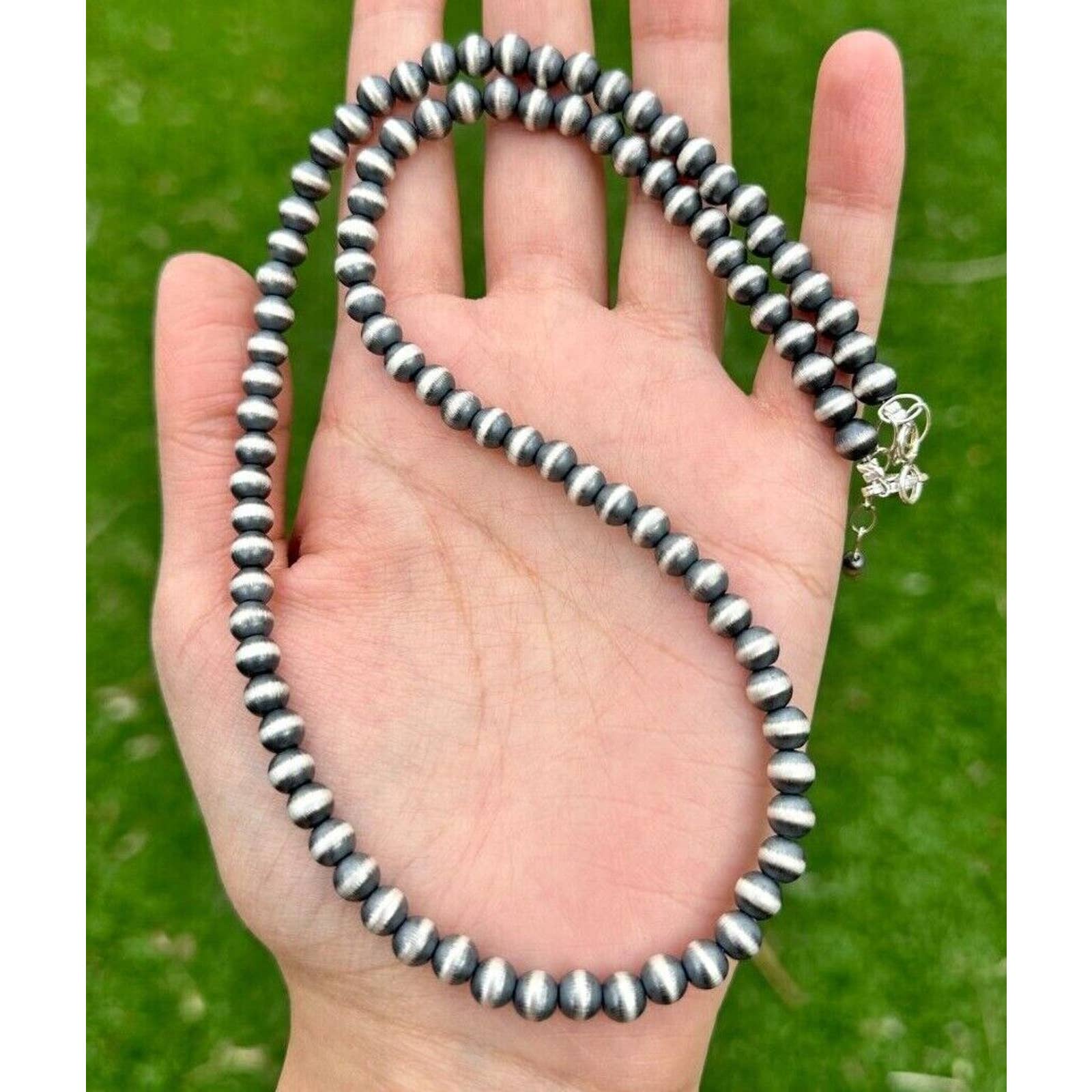 6mm 28 Inch Sterling Silver Oxidized Pearls Bead Necklace