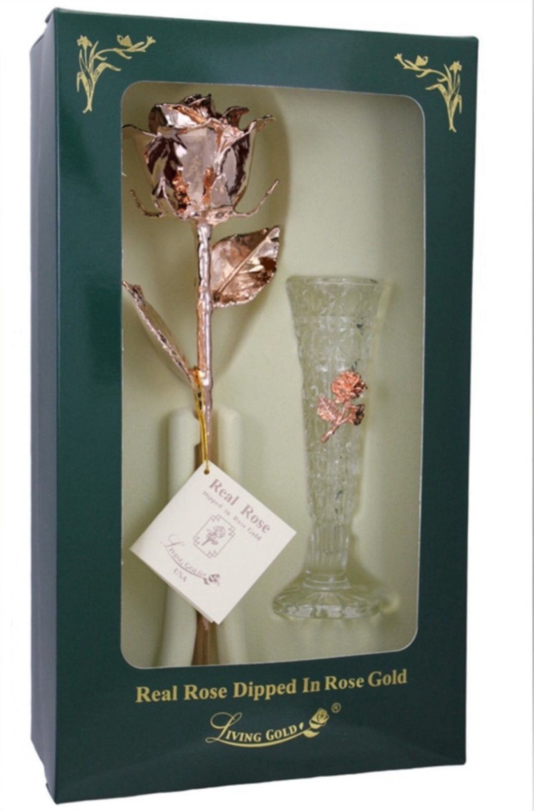 *Brand New! Living Gold Co •Real 12” Rose Dipped in 24k Rose Gold w/Crystal Vase