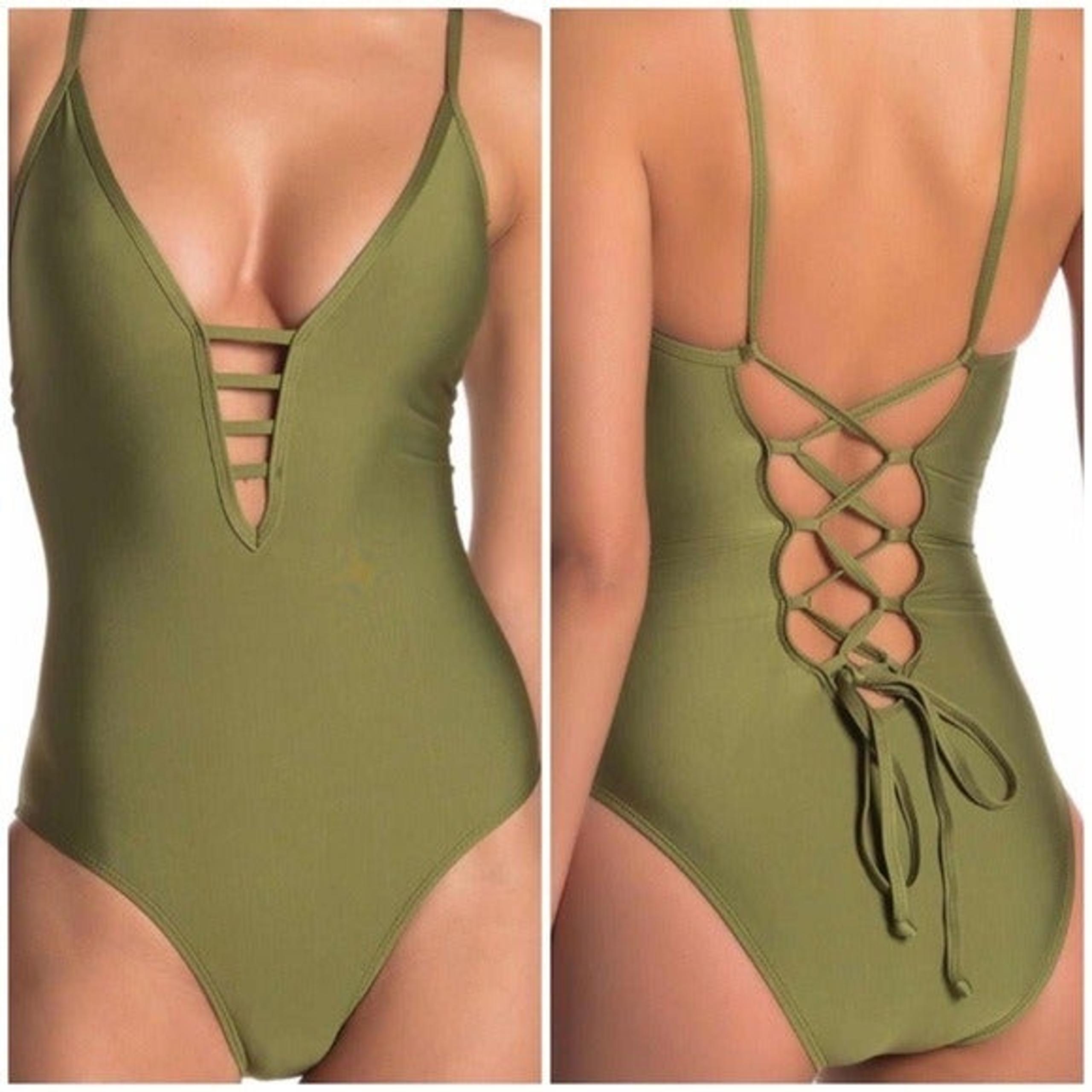 ELLA MOSS Olive Green Plunge One Piece Criss Cross Back Swimsuit Size M