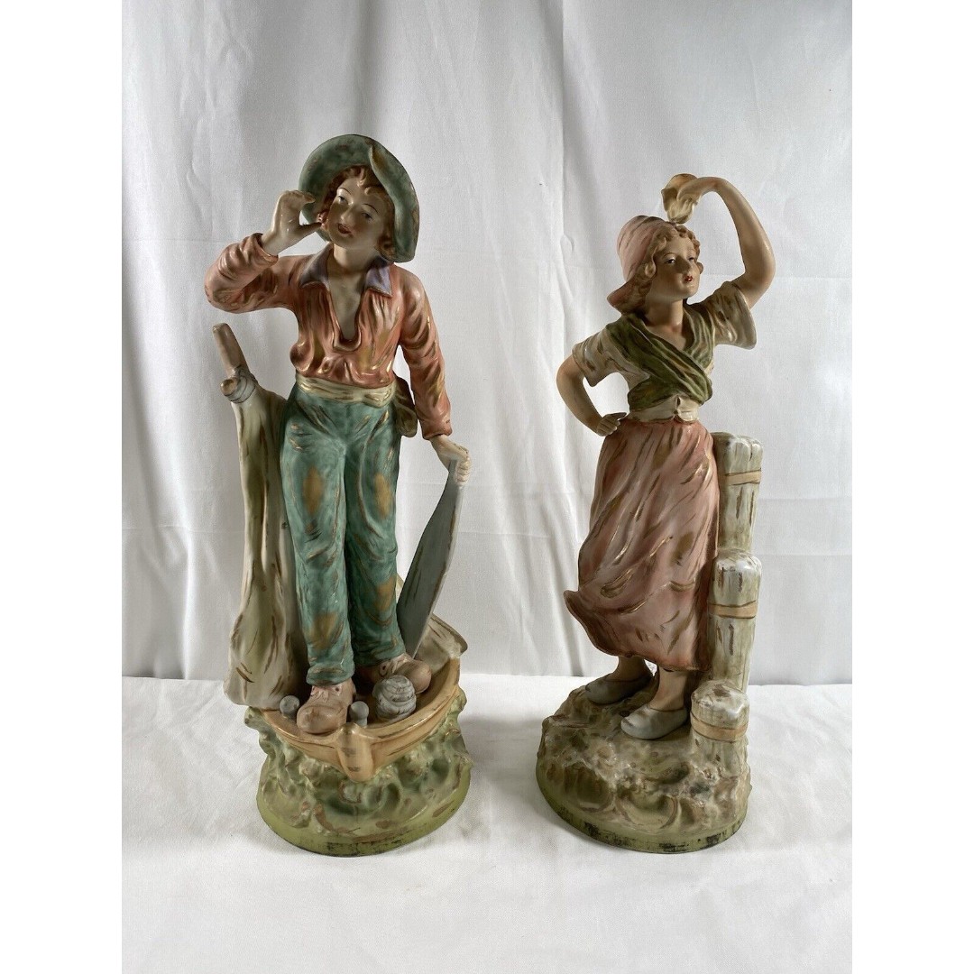 2 Vintage 1960s Italian Young Man Women Porcelain Figurines 17” Tall #713 READ