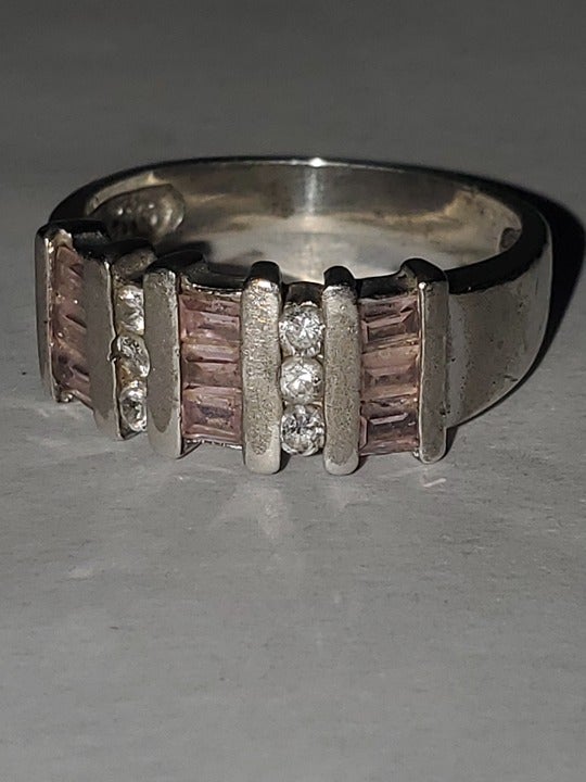 Sz7.5 estate 925 vintage sterling silver pink &clear topaz FAS band ring