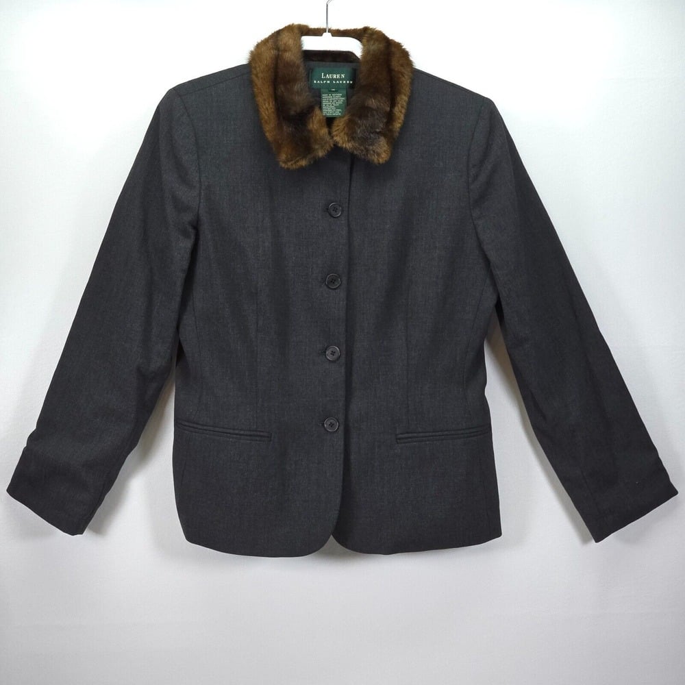VTG Lauren Ralph Lauren Worsted Wool Blazer Women's 12 Faux Fur Professional