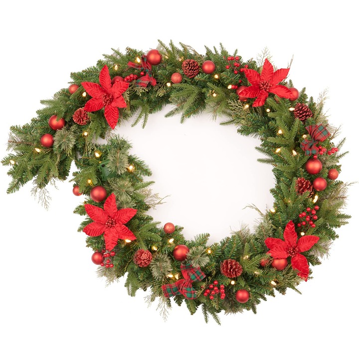 A - 70inch Red Gold Christmas Garland Prelit with Lights Plug in,,Decor for Fire