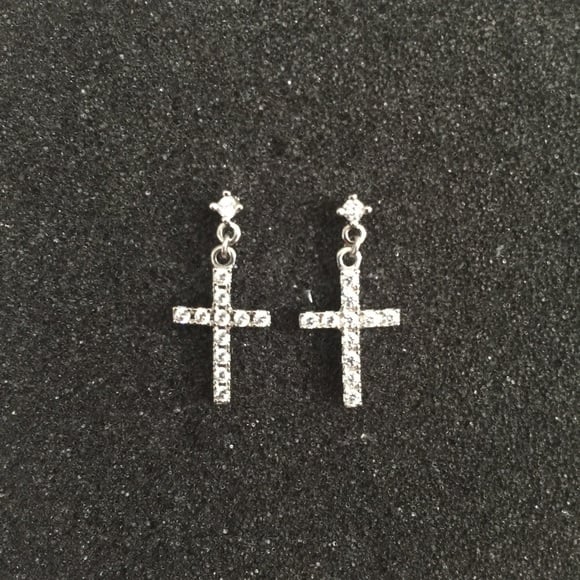 White sapphire cross drop silver earrings