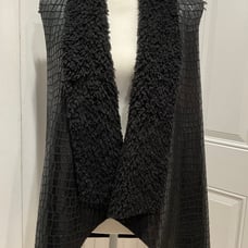 Women’s Black Silky Fur Leathered Handkerchief Front/ Jersey Back Vest, M/L