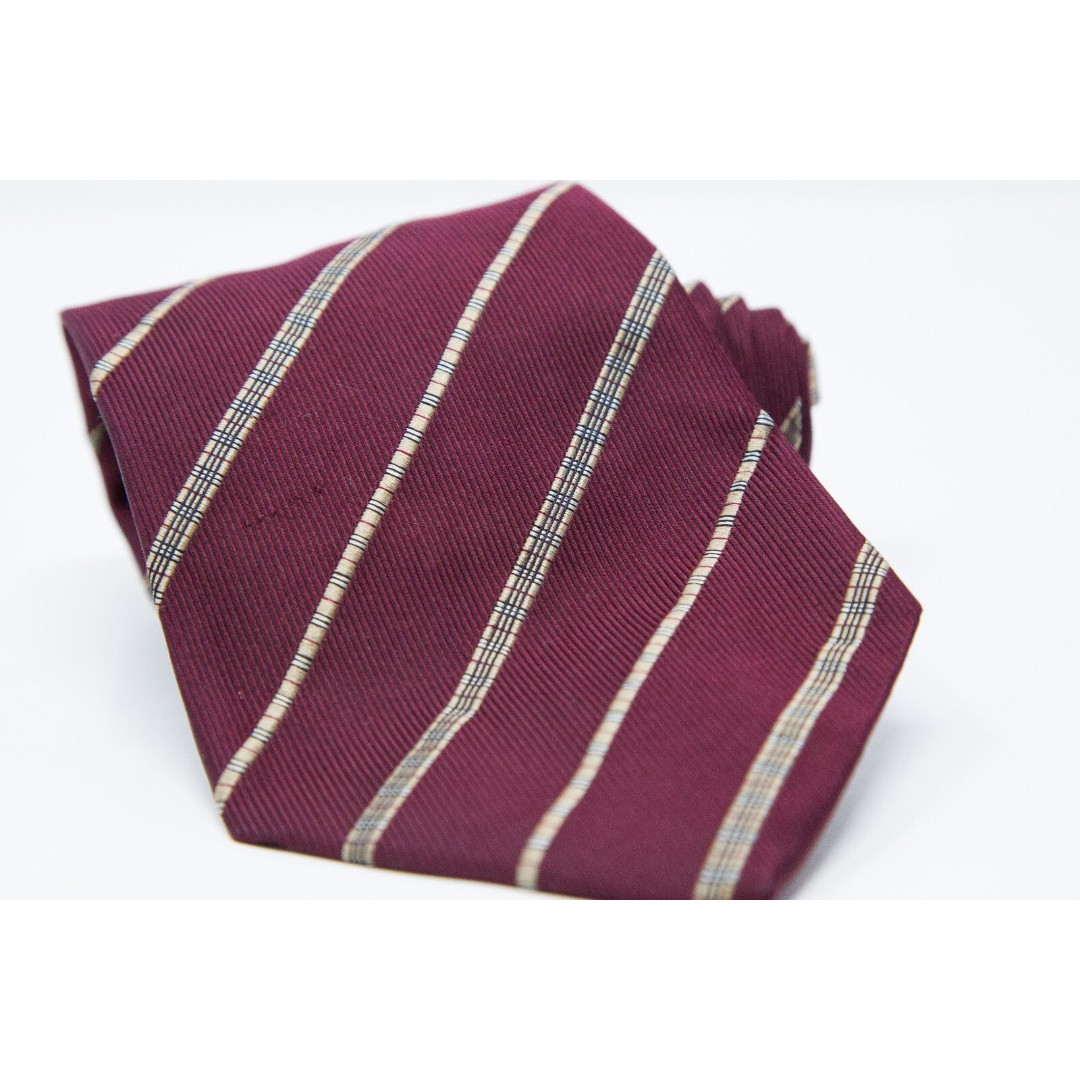 Burberry London 100% Silk Tie Nova Check Burgundy Striped Beige Made In Italy