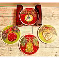 4 Christmas Coasters in Wooden Box Decorative Holiday Cork Bottoms