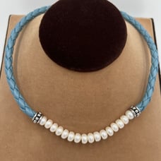 Honora Pearl Necklace New Sterling Silver Braided Blue Leather Freshwater Pearls