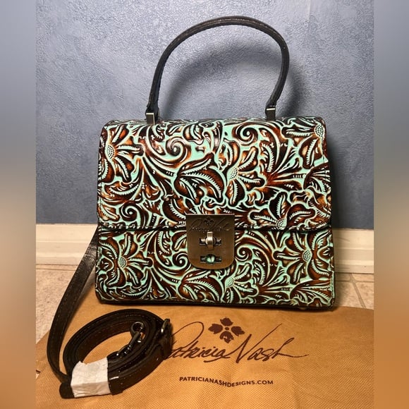 Patricia Nash Leather Chauny Satchel Tooled Turquoise