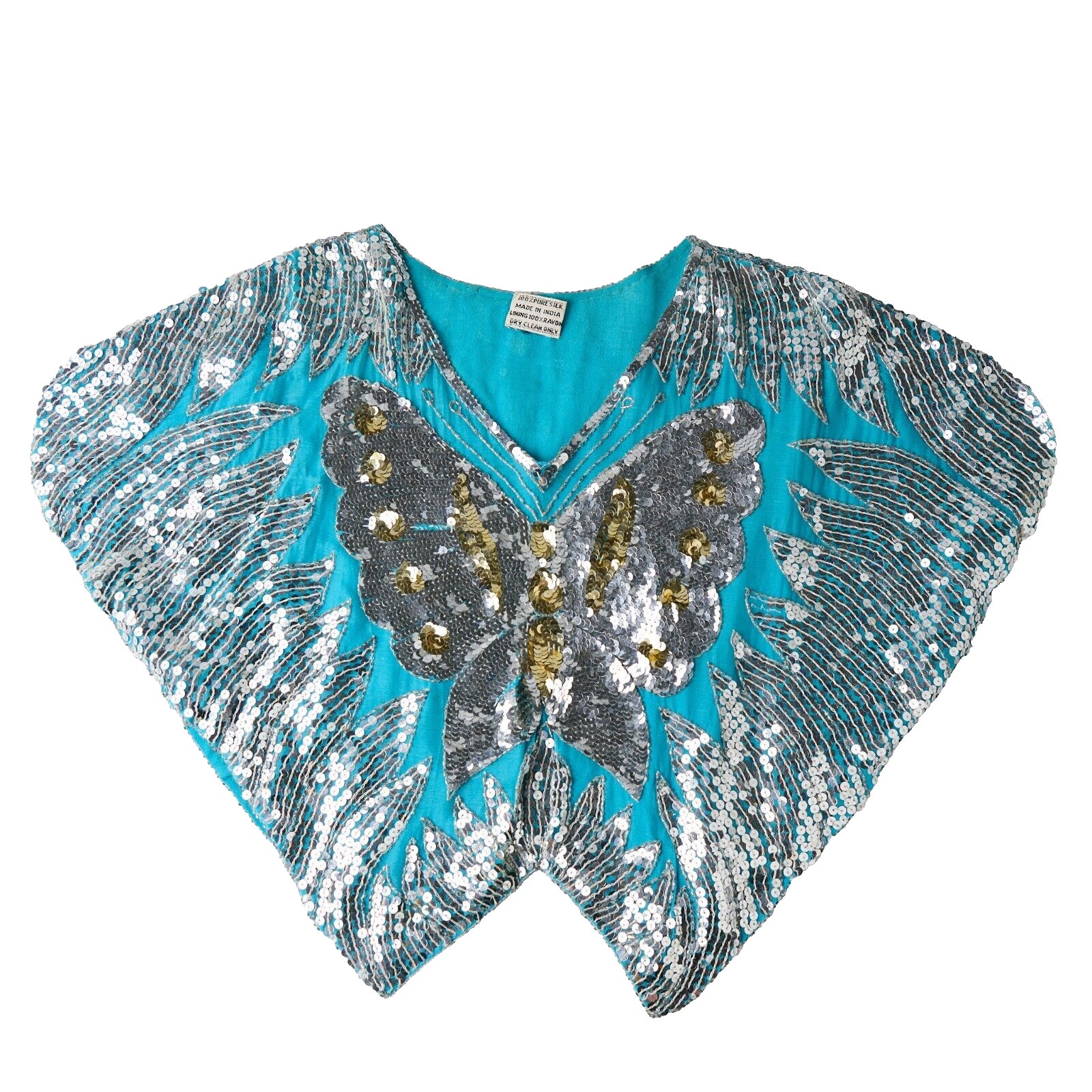 Vtg Y2K Sequin Butterfly Top 100% Silk Womens Statement 2000s Festival Glam Sz S