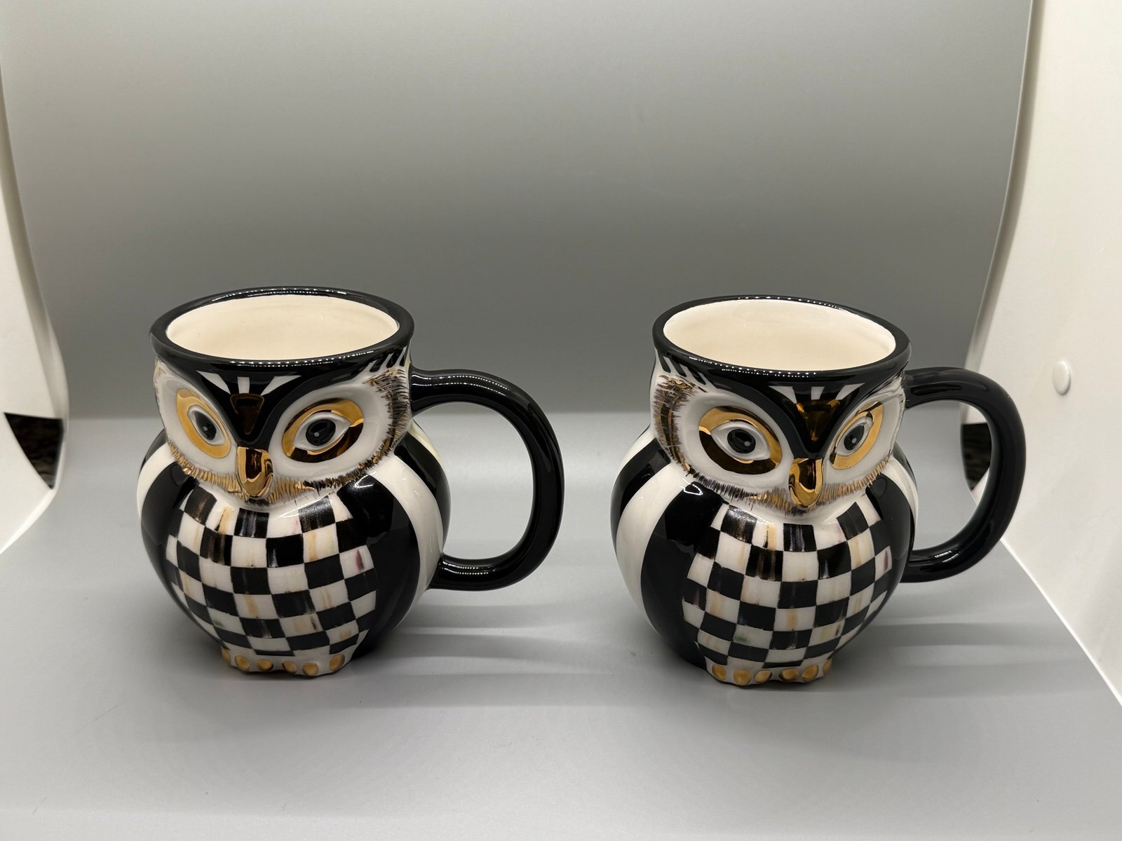 Set Of Two Mackenzie Childs Courtly Check Owl Mugs. Black, White, And Gold Trim