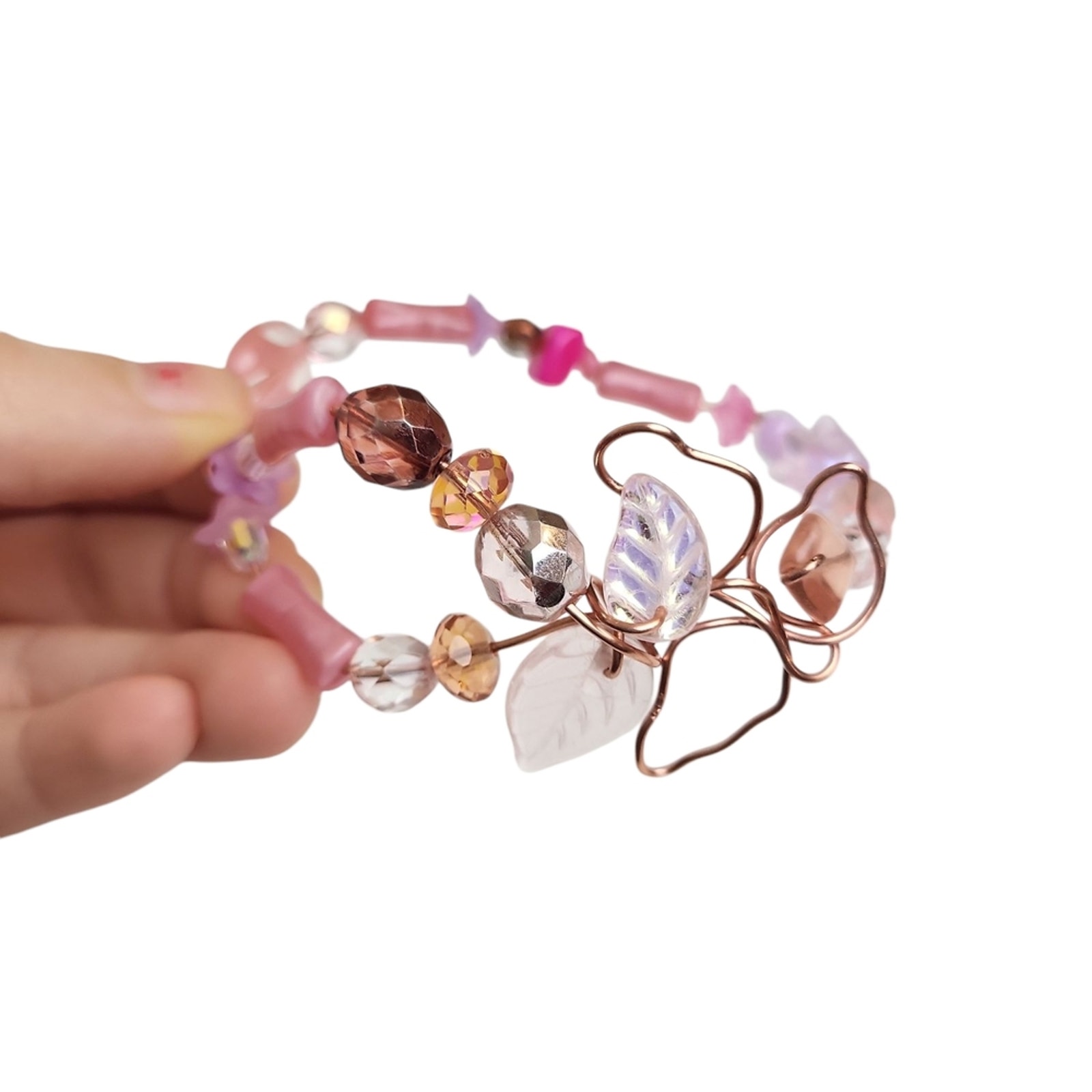 Cooper Wire Pink Czech Glass Beads Frosted Acrylic Flower Beads Bangle